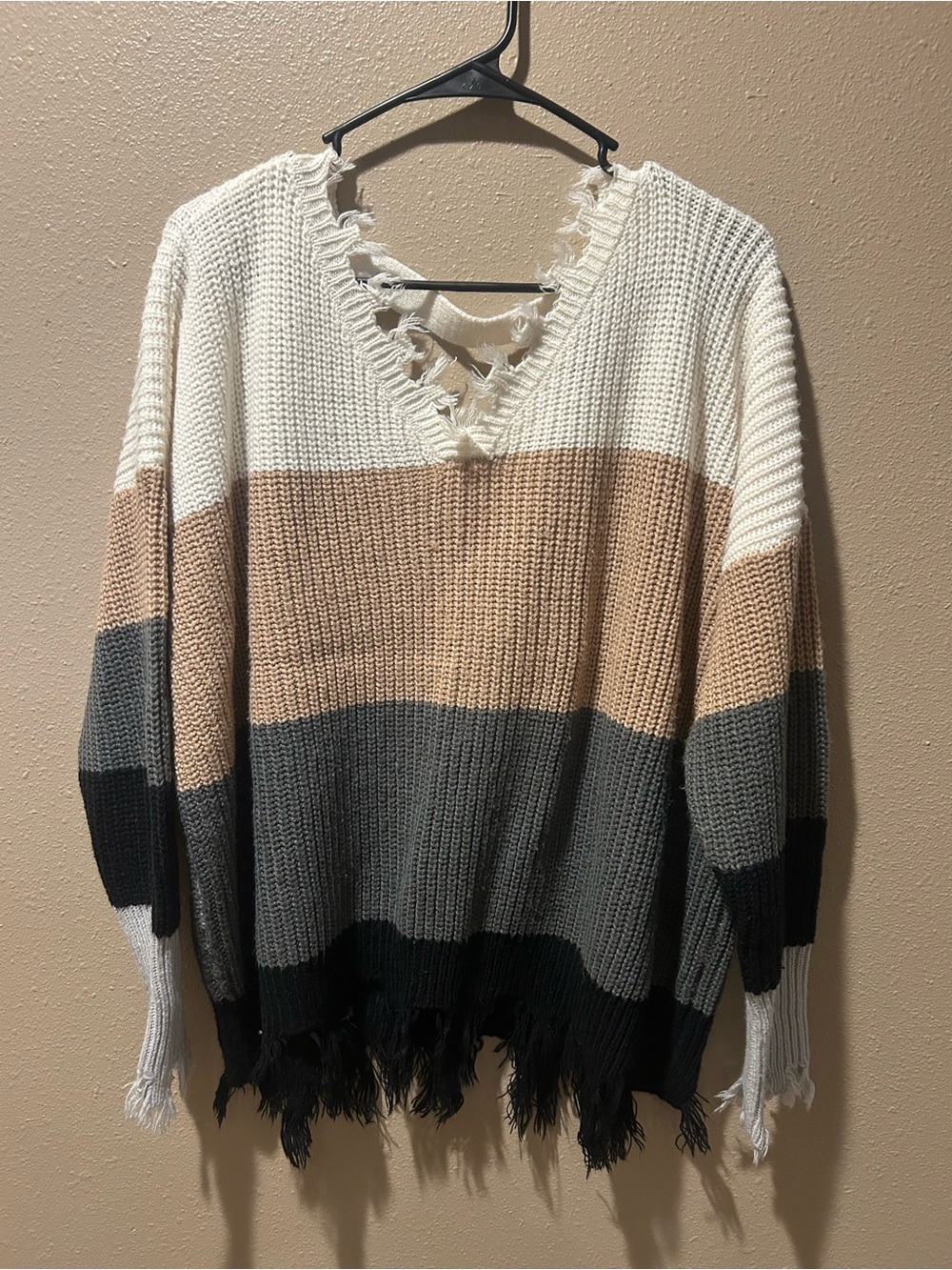 Rue21 Colorblock Distressed V-Neck Sweater - White, Tan, Gray, Black